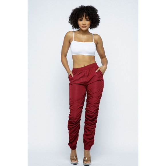 Boutique Pants - Women's Elastic Waist Zip Leg Slash Pocket Ruched Windbreaker Jogger Pants